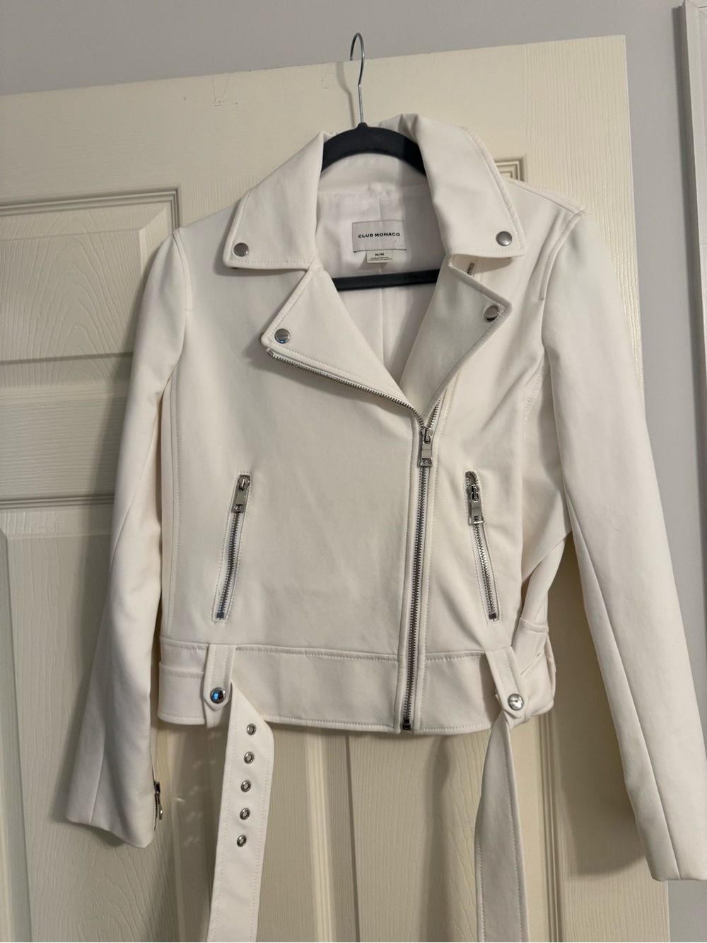 Club Monaco White Leather Moto Jacket with Belt